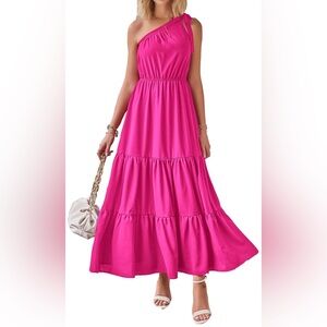 One-Shoulder Hot Pink Tiered Maxi Dress - Women XXL
